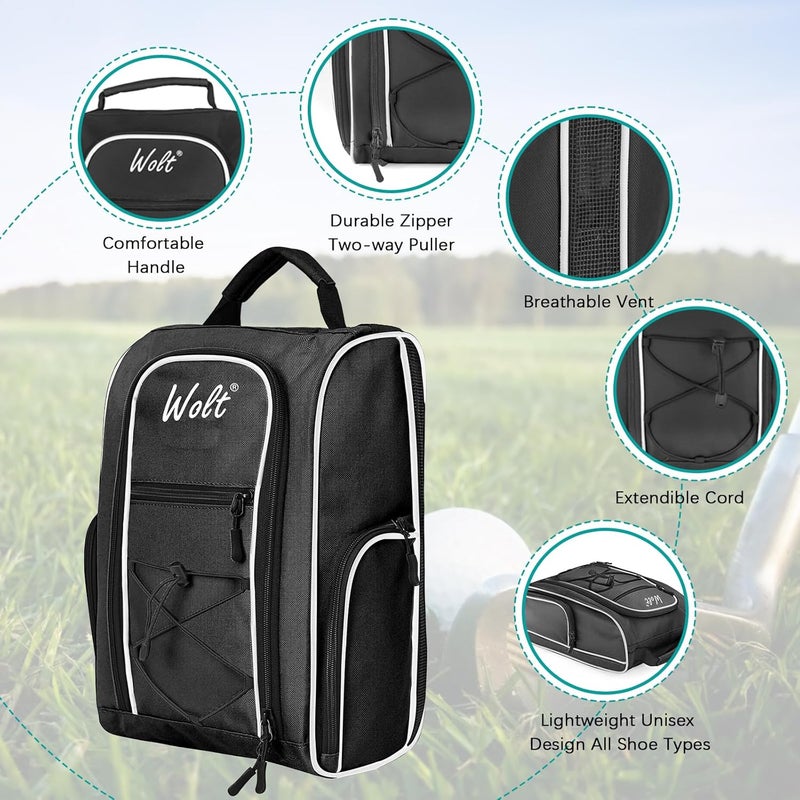 WOLT 2 Pcs Golf Shoe Bag for Travel- Zippered Shoes Carrier Bags with Ventilation & Double Outside Accessory Pocket for Socks, Tees, Golf Balls, etc. for women and men (Black+Pink) - Image 2